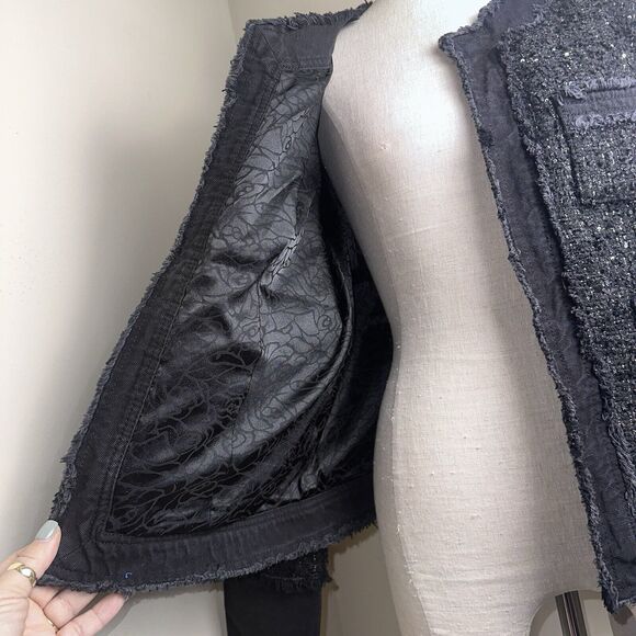 NWT Nanette Lepore Black Sequined Boucle’ Frayed Denim Trim Jacket Tweed Blazer - Picture 6 of 12